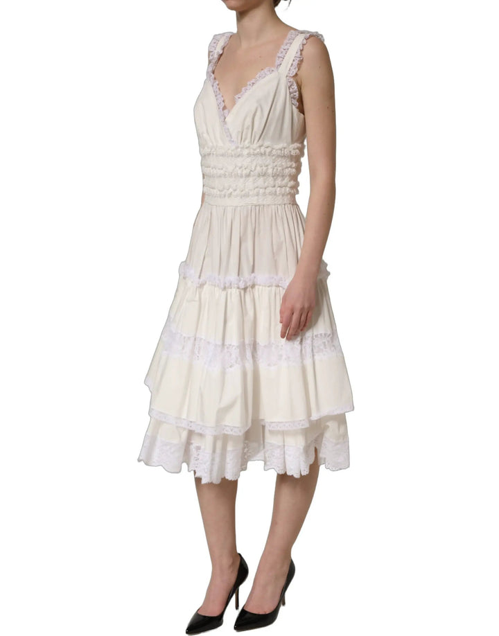 Dolce &amp; Gabbana Sample Sale | Dolce &amp; Gabbana White Cotton Poplin Ruffled Midi Dress - | Designer outlet
