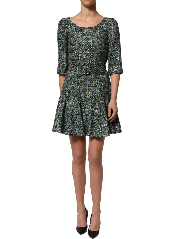 Dolce &amp; Gabbana Sample Sale | Dolce &amp; Gabbana Multicolor Tweed Belted Babydoll Mini Dress - | Designer outlet