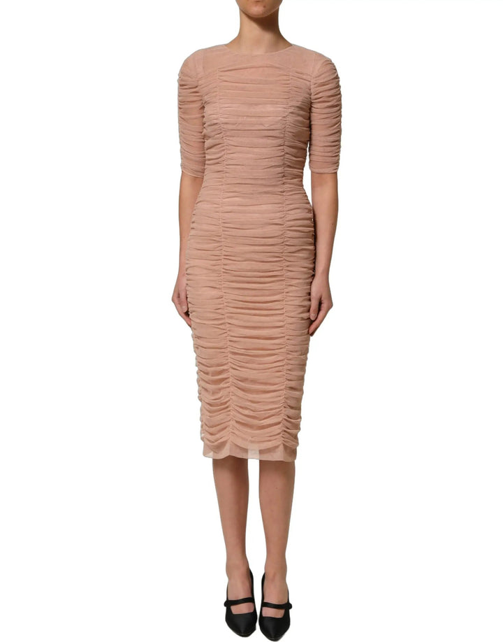 Dolce &amp; Gabbana Sample Sale | Dolce &amp; Gabbana Beige Cotton Mesh Ruched Sheath Midi Dress - | Designer outlet