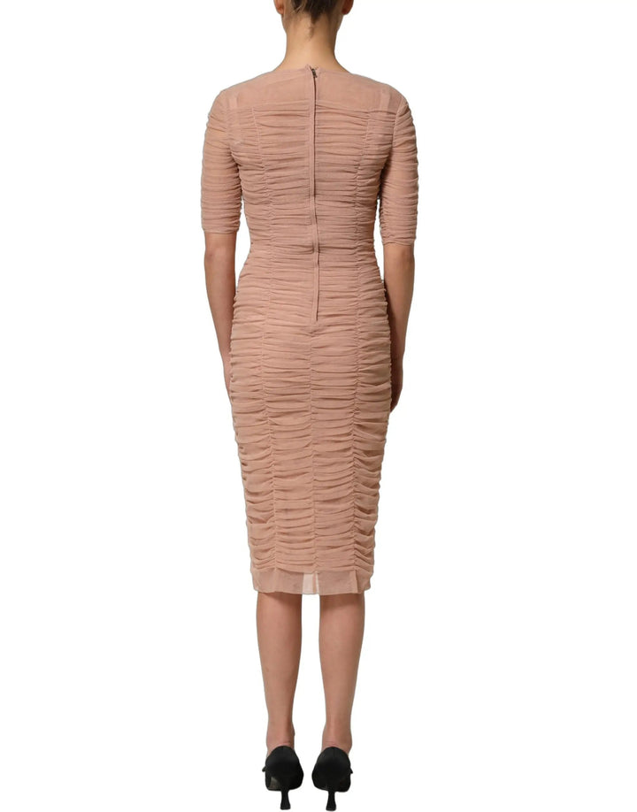 Dolce &amp; Gabbana Sample Sale | Dolce &amp; Gabbana Beige Cotton Mesh Ruched Sheath Midi Dress - | Designer outlet