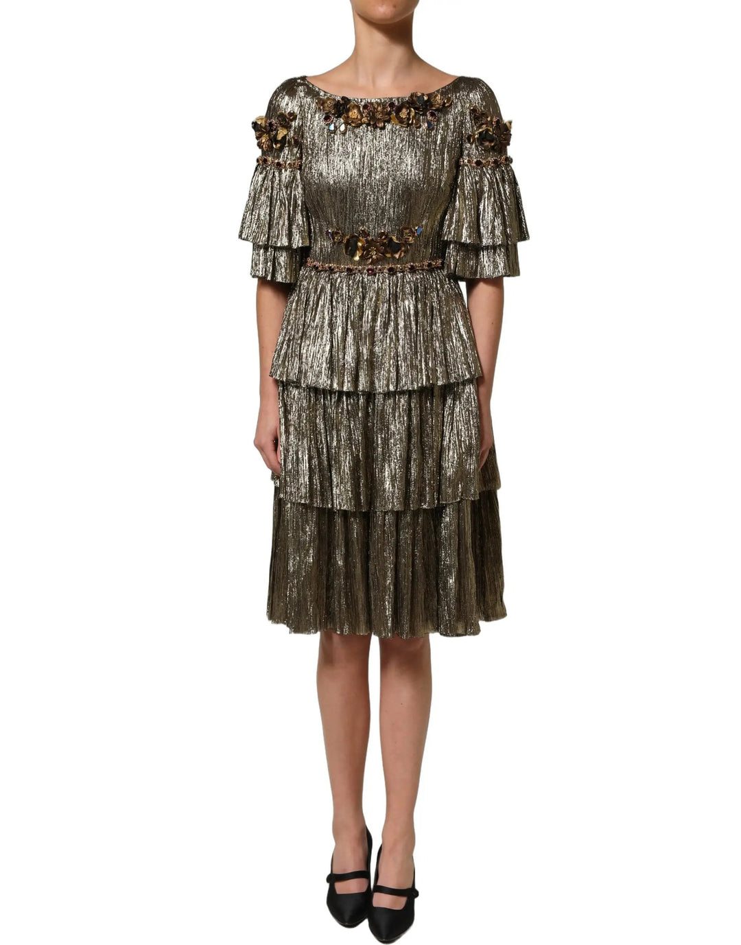Dolce &amp; Gabbana Sample Sale | Dolce &amp; Gabbana Metallic Gold Embellished Tiered Midi Dress - | Designer outlet