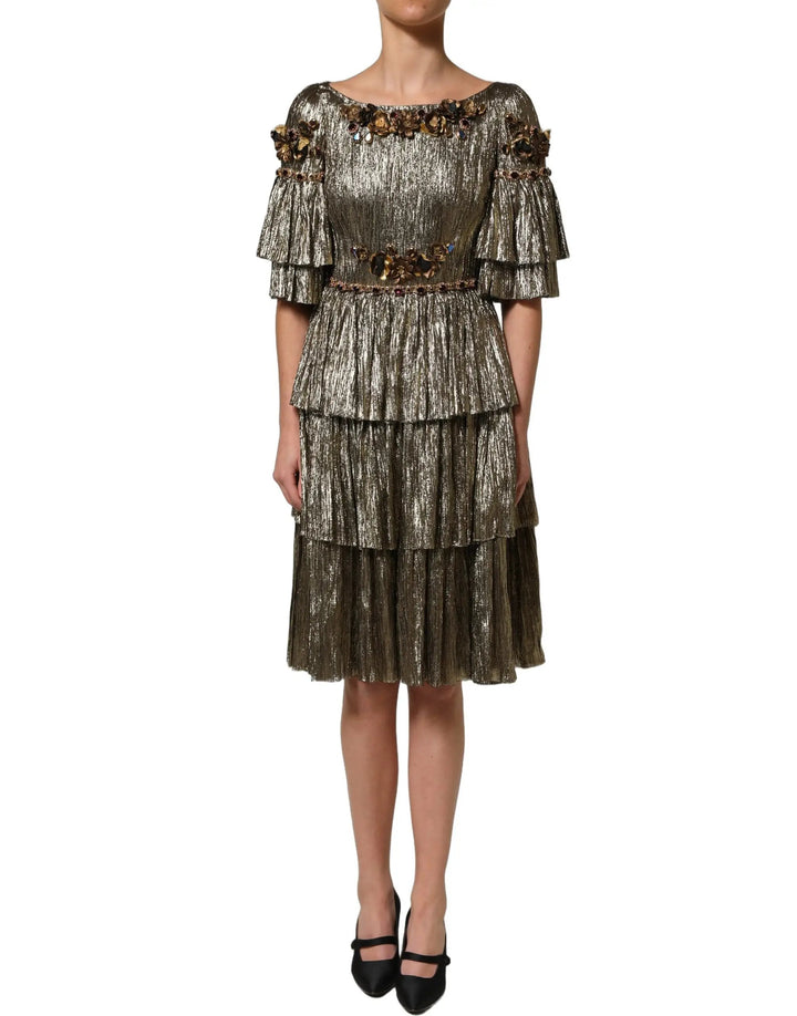 Dolce &amp; Gabbana Sample Sale | Dolce &amp; Gabbana Metallic Gold Embellished Tiered Midi Dress - | Designer outlet