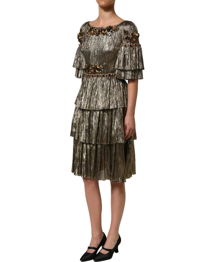 Dolce &amp; Gabbana Sample Sale | Dolce &amp; Gabbana Metallic Gold Embellished Tiered Midi Dress - | Designer outlet