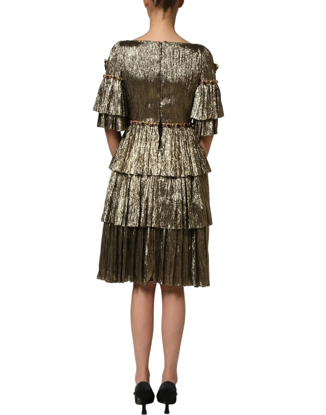 Dolce &amp; Gabbana Sample Sale | Dolce &amp; Gabbana Metallic Gold Embellished Tiered Midi Dress - | Designer outlet