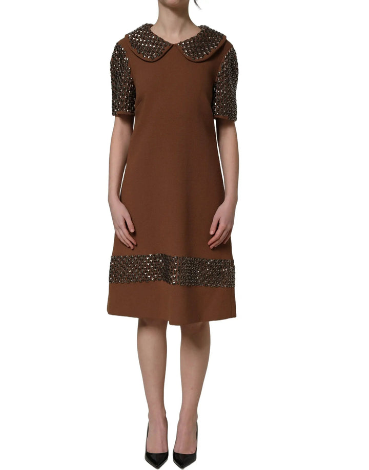 Dolce &amp; Gabbana Sample Sale | Dolce &amp; Gabbana Brown Wool Rhinestone Embellished Midi Dress - | Designer outlet