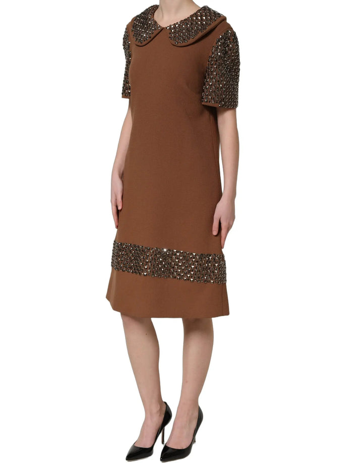 Dolce &amp; Gabbana Sample Sale | Dolce &amp; Gabbana Brown Wool Rhinestone Embellished Midi Dress - | Designer outlet