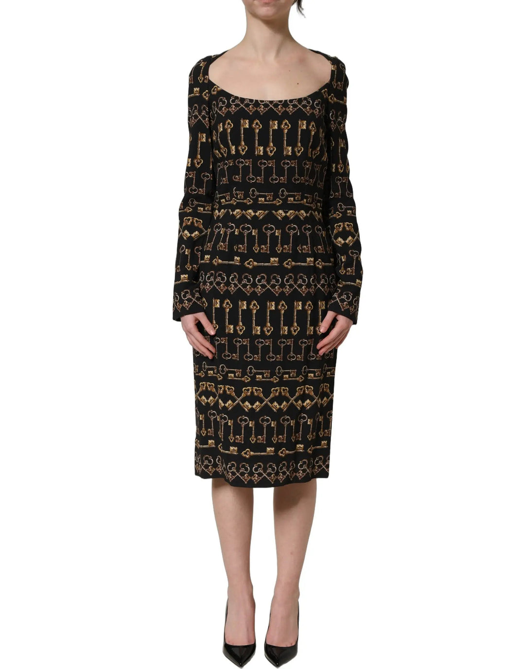 Dolce &amp; Gabbana Sample Sale | Dolce &amp; Gabbana Black Key Print Long Sleeves Sheath Midi Dress - | Designer outlet