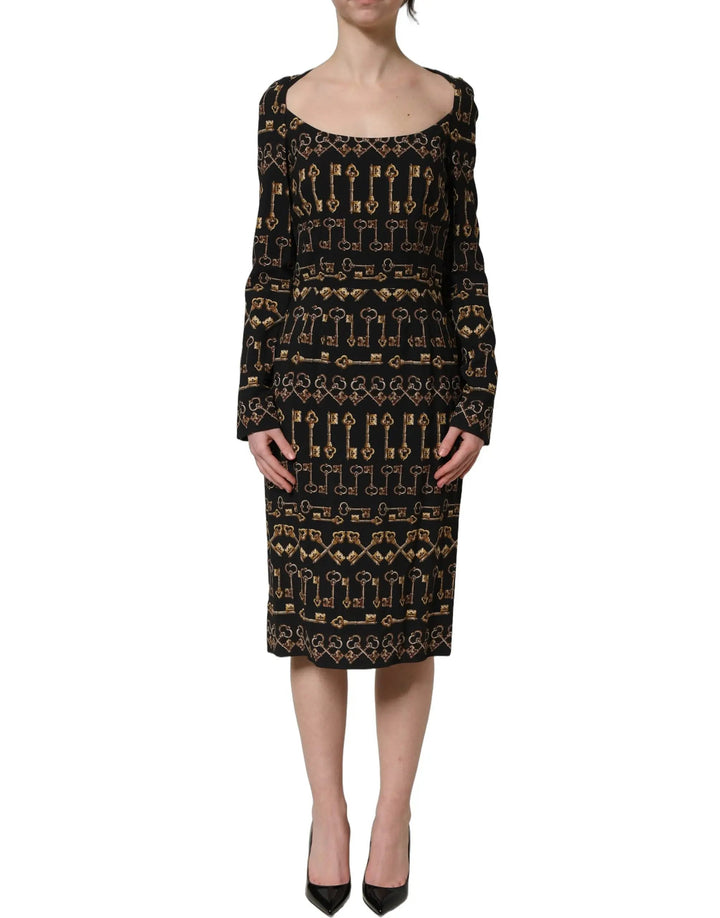 Dolce &amp; Gabbana Sample Sale | Dolce &amp; Gabbana Black Key Print Long Sleeves Sheath Midi Dress - | Designer outlet