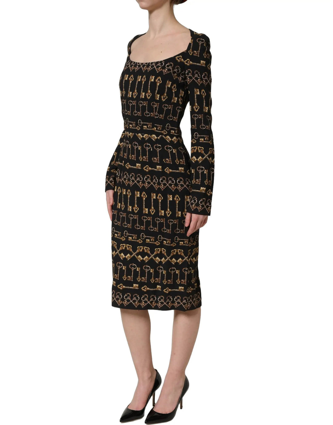 Dolce &amp; Gabbana Sample Sale | Dolce &amp; Gabbana Black Key Print Long Sleeves Sheath Midi Dress - | Designer outlet