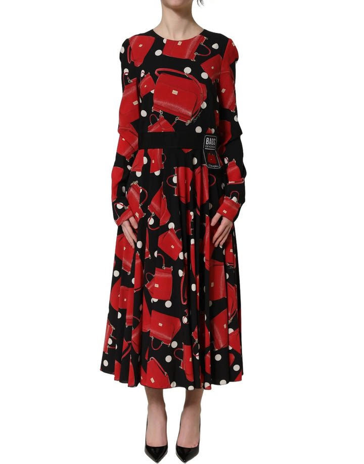 Dolce &amp; Gabbana Sample Sale | Dolce &amp; Gabbana Black Handbag Print Long Sleeve Midi Dress - | Designer outlet