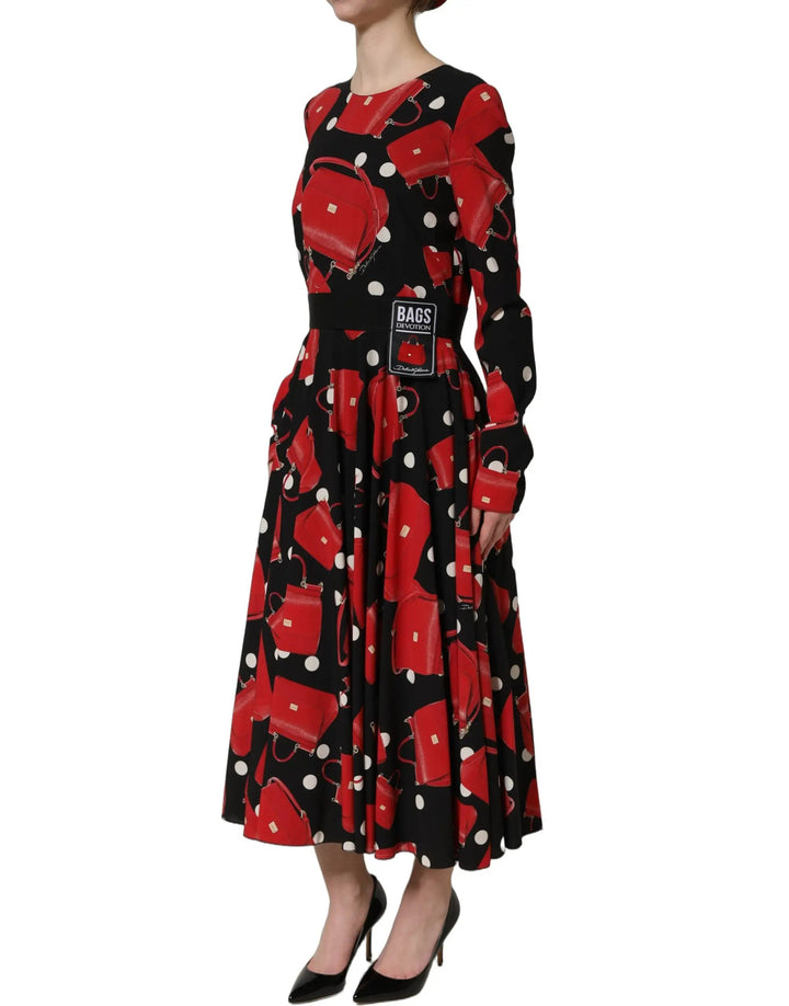 Dolce &amp; Gabbana Sample Sale | Dolce &amp; Gabbana Black Handbag Print Long Sleeve Midi Dress - | Designer outlet