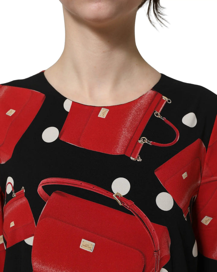 Dolce &amp; Gabbana Sample Sale | Dolce &amp; Gabbana Black Handbag Print Long Sleeve Midi Dress - | Designer outlet