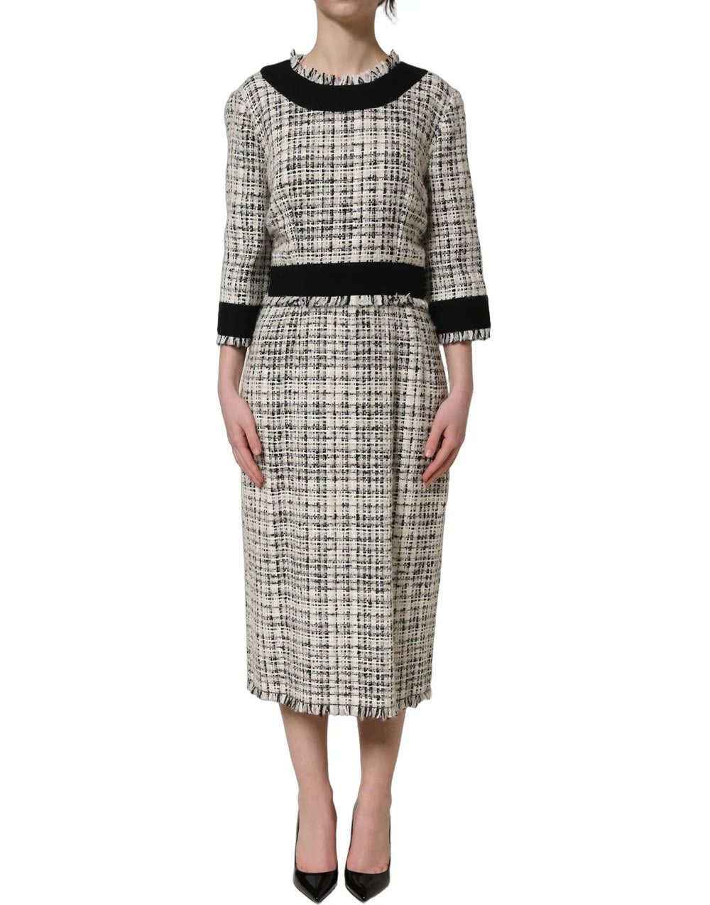 Dolce & Gabbana Sample Sale | Dolce & Gabbana Multicolor Bouclé Tweed Frayed Trim Midi Dress - | Designer outlet
