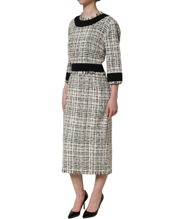 Dolce &amp; Gabbana Sample Sale | Dolce &amp; Gabbana Multicolor Bouclé Tweed Frayed Trim Midi Dress - | Designer outlet