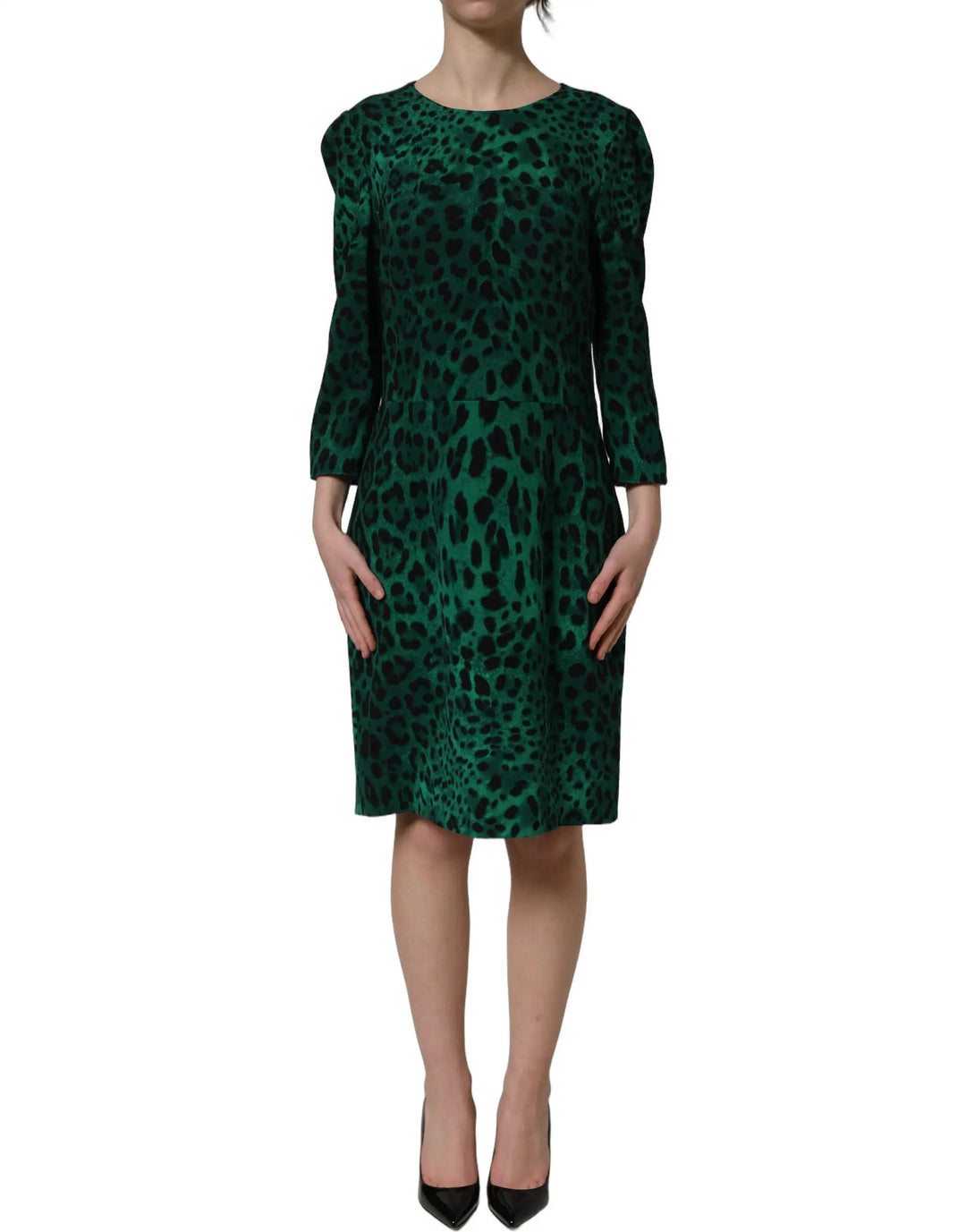 Dolce &amp; Gabbana Sample Sale | Dolce &amp; Gabbana Green Leopard Print Silk Knee Length Dress - | Designer outlet