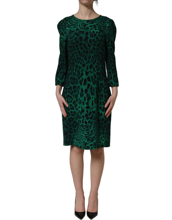 Dolce &amp; Gabbana Sample Sale | Dolce &amp; Gabbana Green Leopard Print Silk Knee Length Dress - | Designer outlet