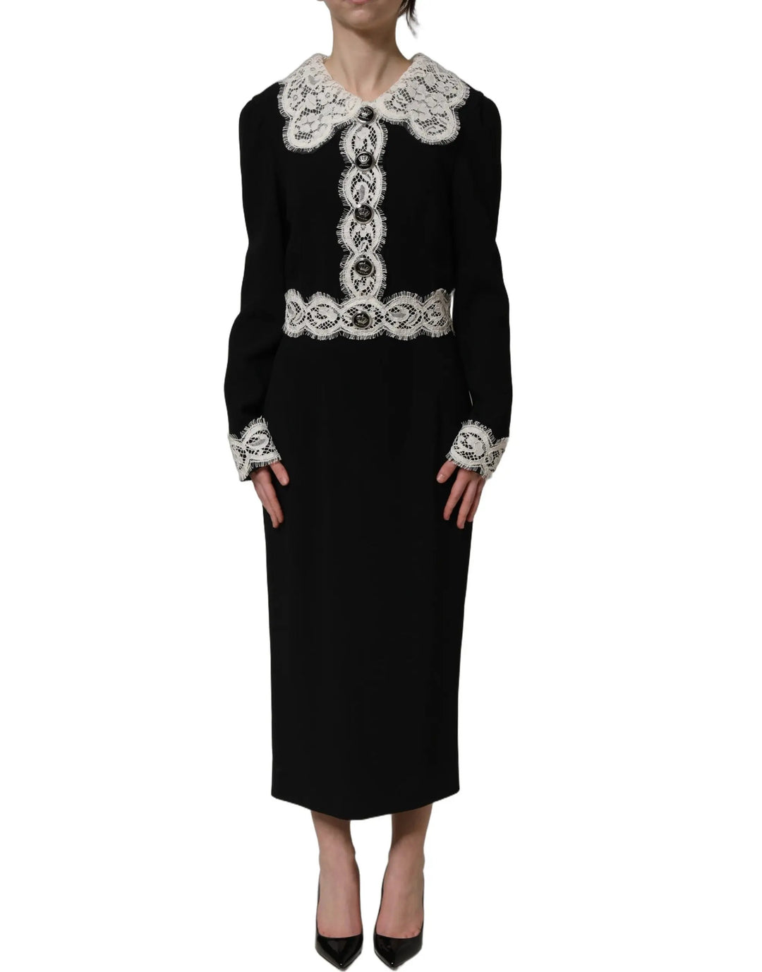 Dolce &amp; Gabbana Sample Sale | Dolce &amp; Gabbana Black Lace Detailing Long Sleeves Midi Dress - | Designer outlet