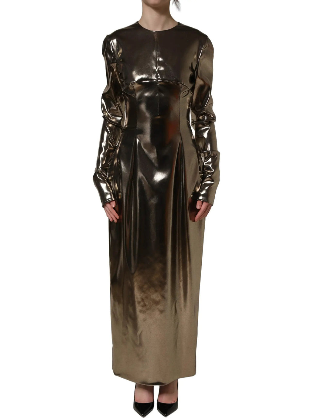 Dolce &amp; Gabbana Sample Sale | Dolce &amp; Gabbana Metallic Gold Polyester LongSleeve Maxi Dress - | Designer outlet