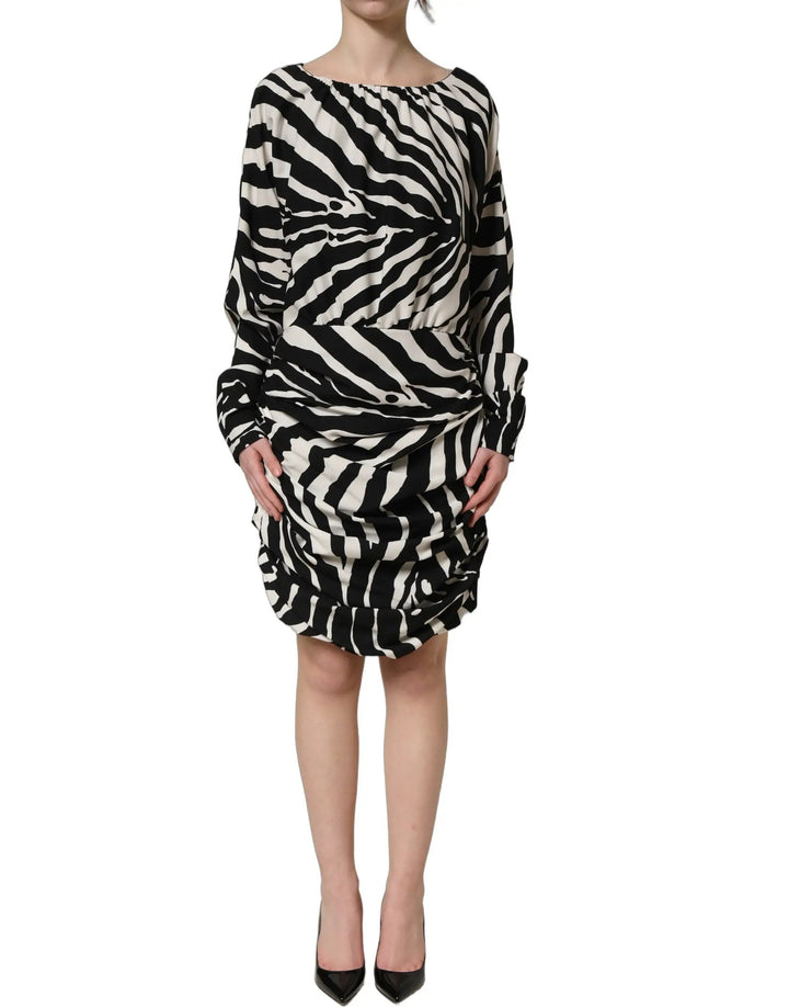 Dolce &amp; Gabbana Sample Sale | Dolce &amp; Gabbana Black White Zebra Ruched Silk Mini Dress - | Designer outlet