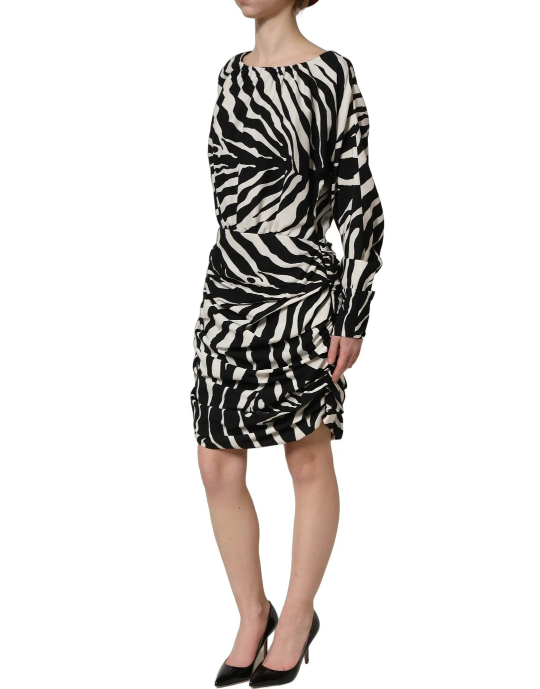 Dolce &amp; Gabbana Sample Sale | Dolce &amp; Gabbana Black White Zebra Ruched Silk Mini Dress - | Designer outlet