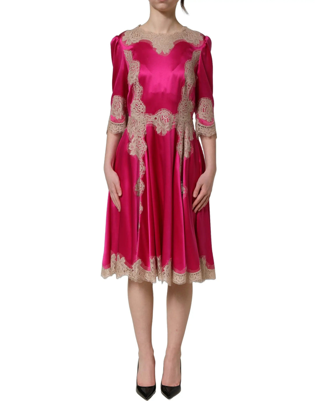 Dolce &amp; Gabbana Sample Sale | Dolce &amp; Gabbana Fuchsia Pink Lace Detail A-line Midi Dress - | Designer outlet
