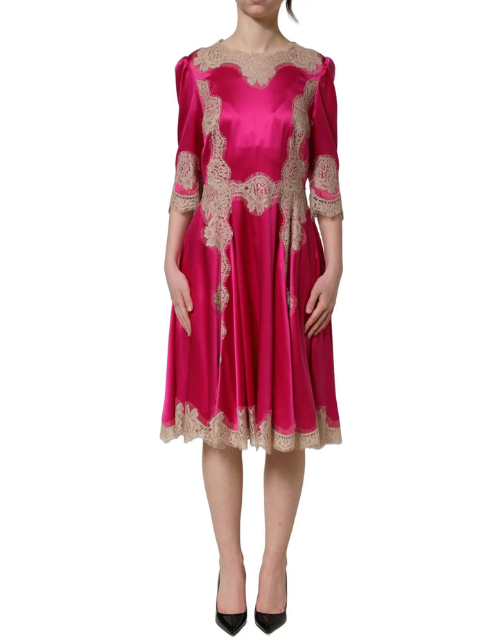 Dolce &amp; Gabbana Sample Sale | Dolce &amp; Gabbana Fuchsia Pink Lace Detail A-line Midi Dress - | Designer outlet