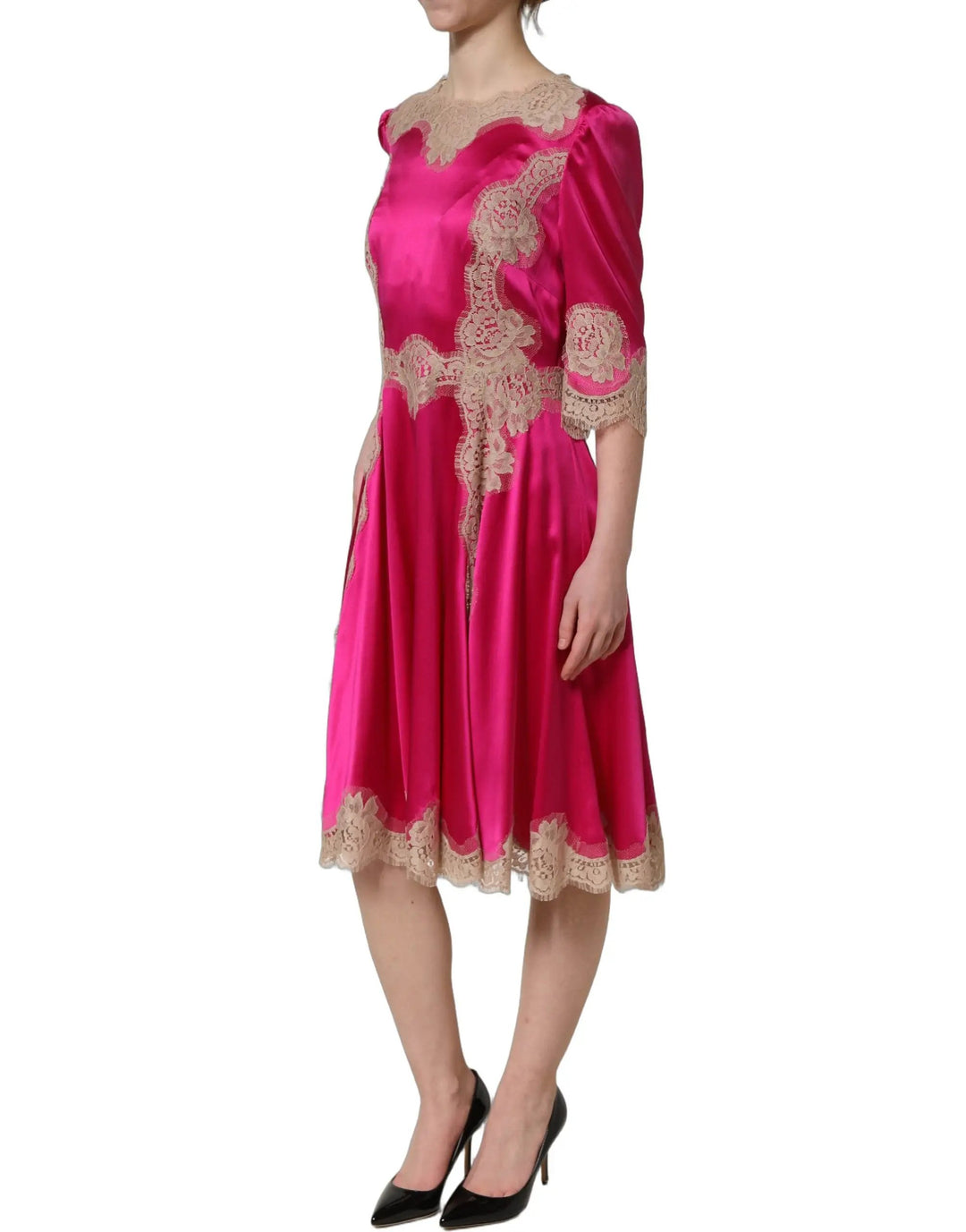 Dolce &amp; Gabbana Sample Sale | Dolce &amp; Gabbana Fuchsia Pink Lace Detail A-line Midi Dress - | Designer outlet