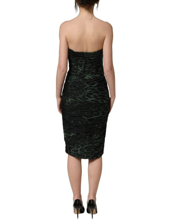 Dolce &amp; Gabbana Sample Sale | Dolce &amp; Gabbana Green Leopard Print Bustier Draped Midi Dress - | Designer outlet