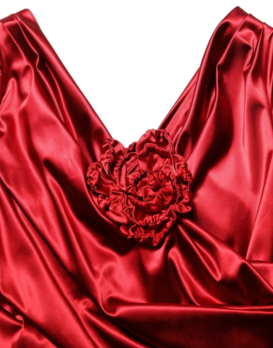 Dolce & Gabbana Sample Sale | Dolce & Gabbana Red Silk Satin Draped Midi Floral Applique Dress - | Designer outlet