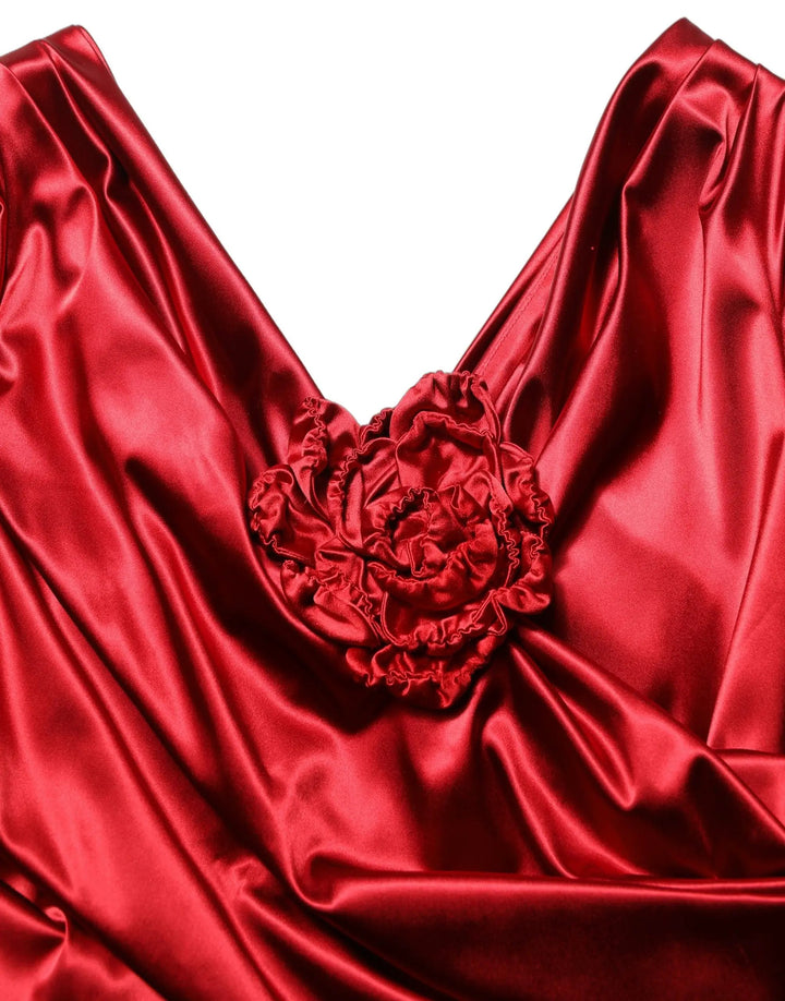 Dolce &amp; Gabbana Sample Sale | Dolce &amp; Gabbana Red Silk Satin Draped Midi Floral Applique Dress - | Designer outlet