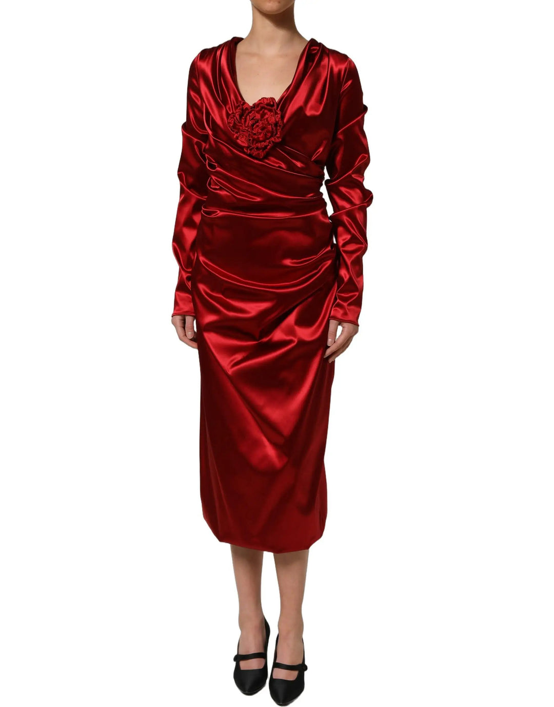 Dolce &amp; Gabbana Sample Sale | Dolce &amp; Gabbana Red Silk Satin Draped Midi Floral Applique Dress - | Designer outlet