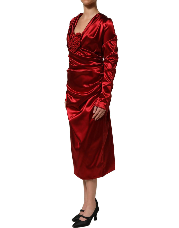 Dolce &amp; Gabbana Sample Sale | Dolce &amp; Gabbana Red Silk Satin Draped Midi Floral Applique Dress - | Designer outlet