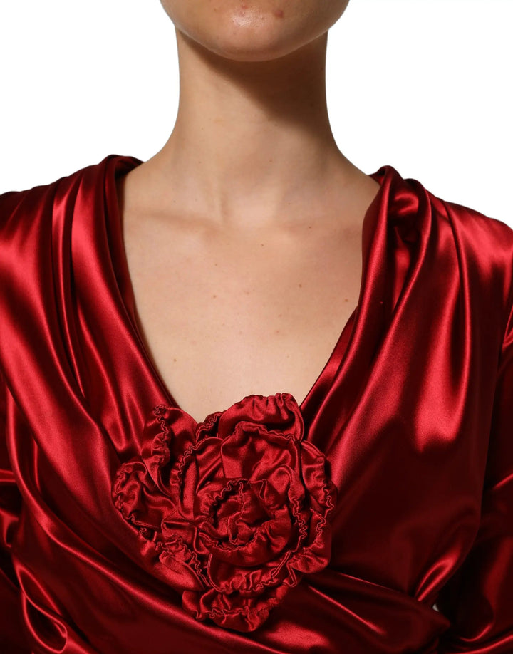 Dolce &amp; Gabbana Sample Sale | Dolce &amp; Gabbana Red Silk Satin Draped Midi Floral Applique Dress - | Designer outlet