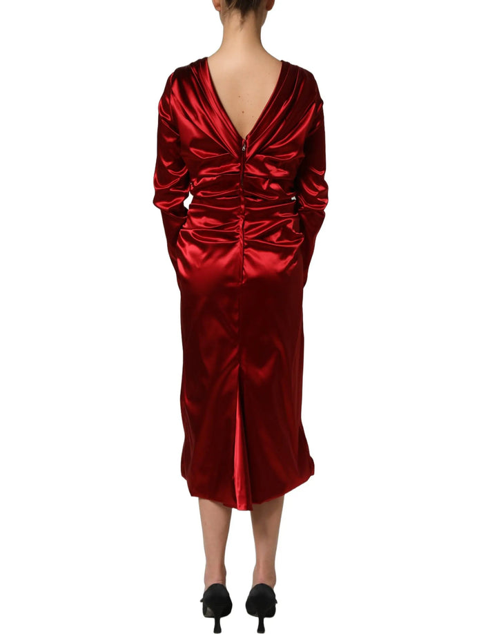 Dolce &amp; Gabbana Sample Sale | Dolce &amp; Gabbana Red Silk Satin Draped Midi Floral Applique Dress - | Designer outlet