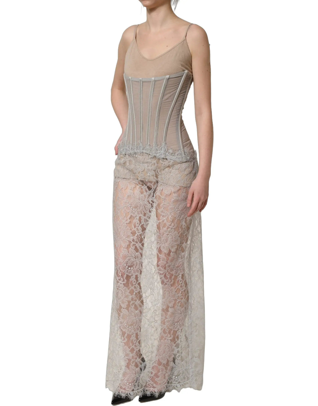 Dolce &amp; Gabbana Sample Sale | Dolce &amp; Gabbana Gray Lace Corset Style Bodice Maxi Dress - | Designer outlet