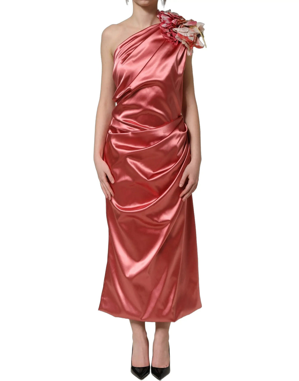 Dolce & Gabbana Sample Sale | Dolce & Gabbana Pink Draped Midi Flower Appliques Dress - | Designer outlet