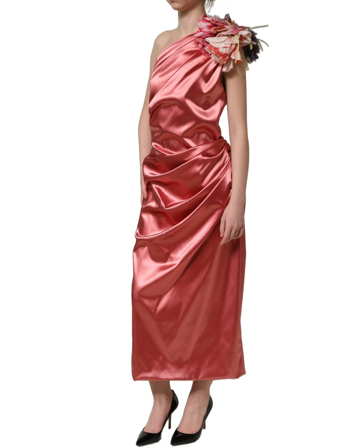 Dolce &amp; Gabbana Sample Sale | Dolce &amp; Gabbana Pink Draped Midi Flower Appliques Dress - | Designer outlet