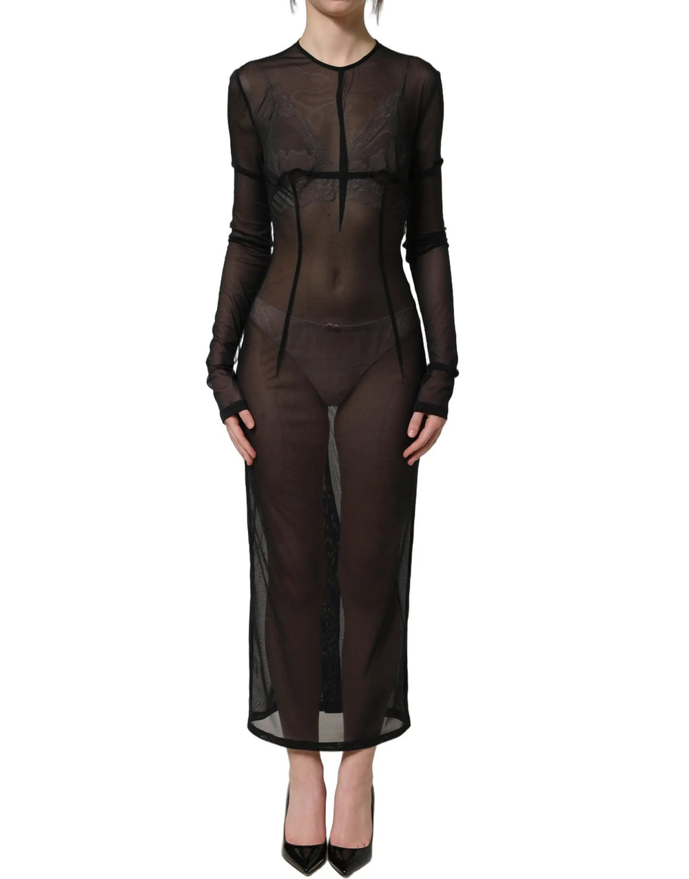 Dolce & Gabbana Sample Sale | Dolce & Gabbana Black Long Sleeve Sheer Fitted Maxi Dress - | Designer outlet