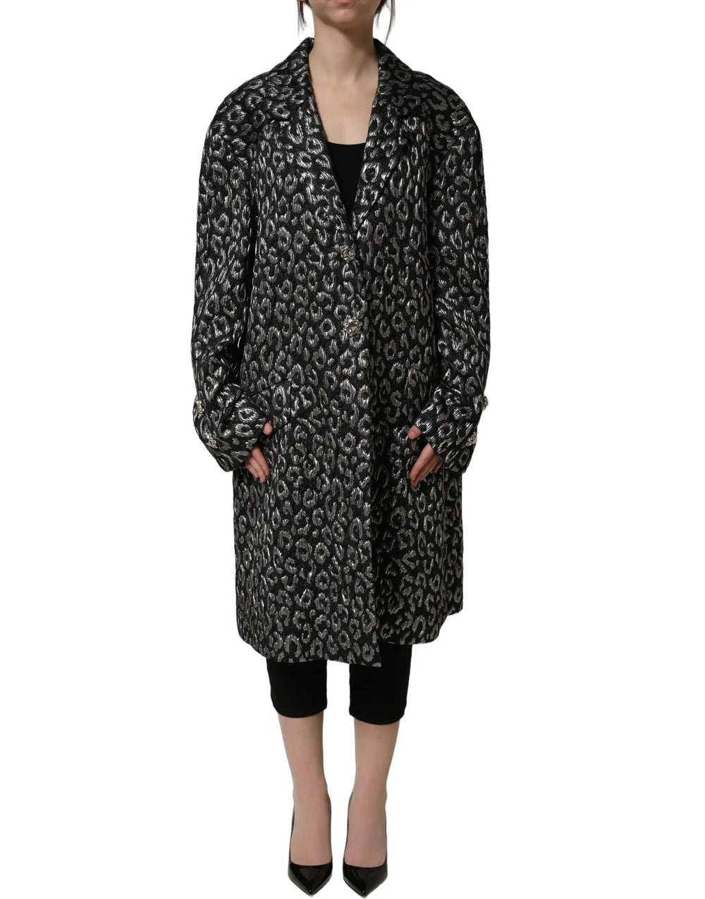 Dolce & Gabbana Sample Sale | Dolce & Gabbana Black Silver Jacquard Leopard Coat Jacket - | Designer outlet