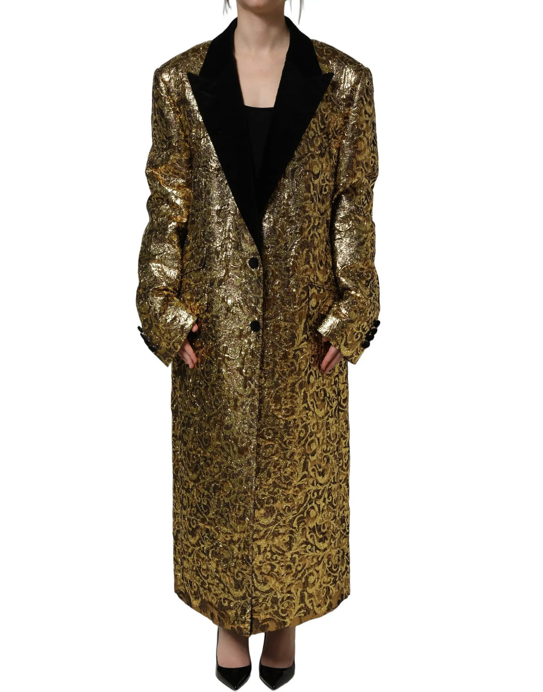 Dolce &amp; Gabbana Sample Sale | Dolce &amp; Gabbana Gold Floral Jacquard Wool Trench Coat Jacket - | Designer outlet