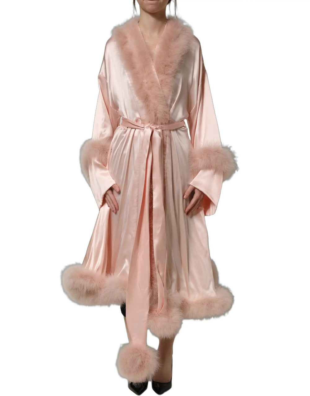Dolce & Gabbana Sample Sale | Dolce & Gabbana Light Pink Silk Turkey Feather Robe Jacket - | Designer outlet