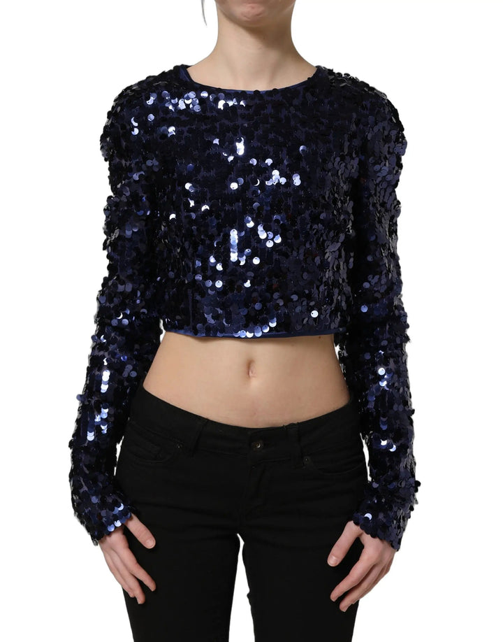 Dolce &amp; Gabbana Sample Sale | Dolce &amp; Gabbana Blue Sequined Long Sleeves Crop Blouse Top - | Designer outlet