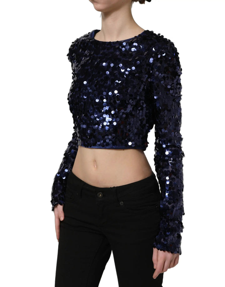 Dolce &amp; Gabbana Sample Sale | Dolce &amp; Gabbana Blue Sequined Long Sleeves Crop Blouse Top - | Designer outlet