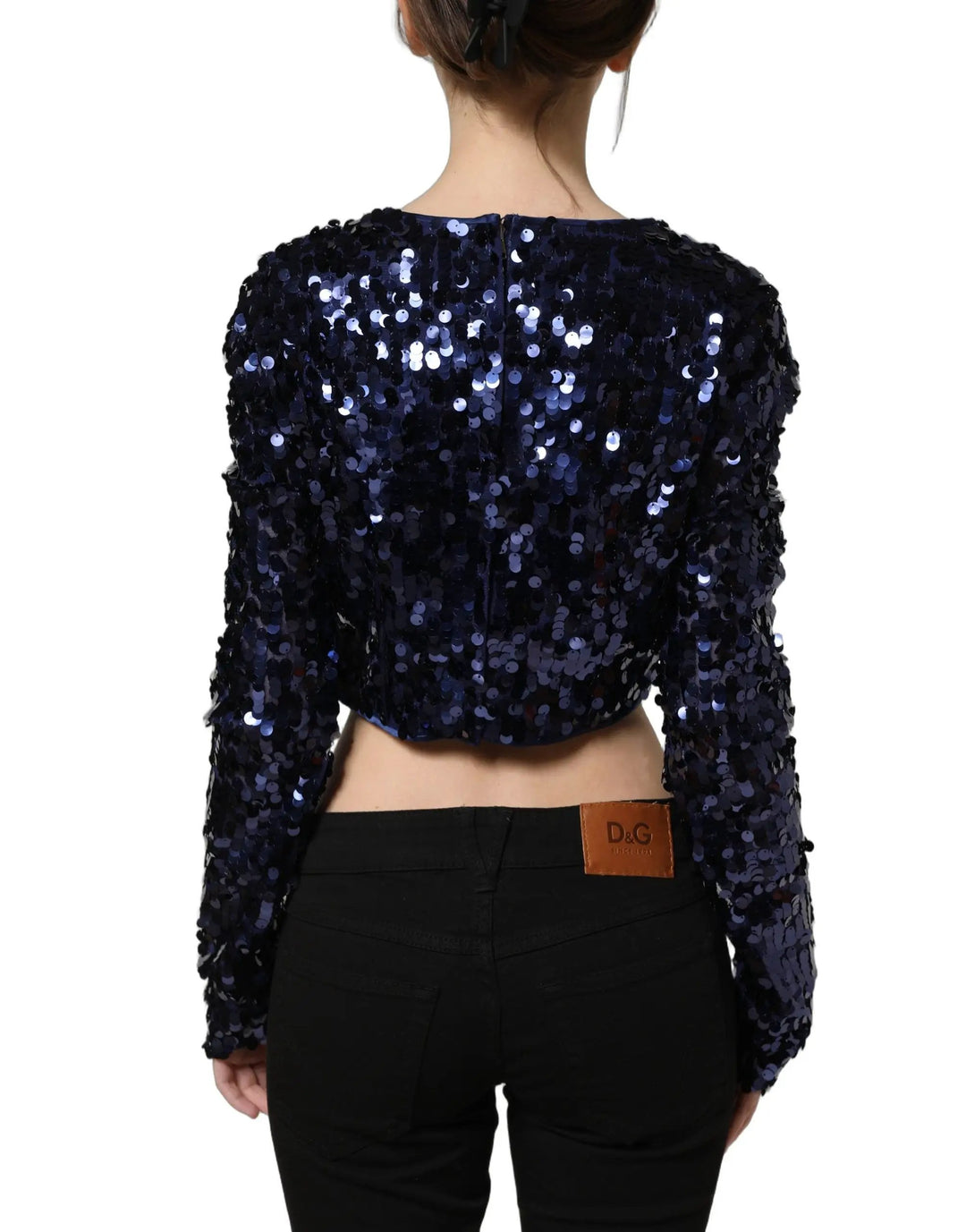 Dolce &amp; Gabbana Sample Sale | Dolce &amp; Gabbana Blue Sequined Long Sleeves Crop Blouse Top - | Designer outlet
