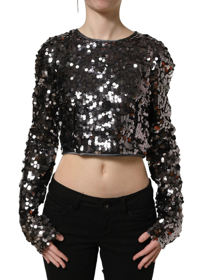 Dolce &amp; Gabbana Sample Sale | Dolce &amp; Gabbana Black Sequined Long Sleeves Crop Blouse Top - | Designer outlet