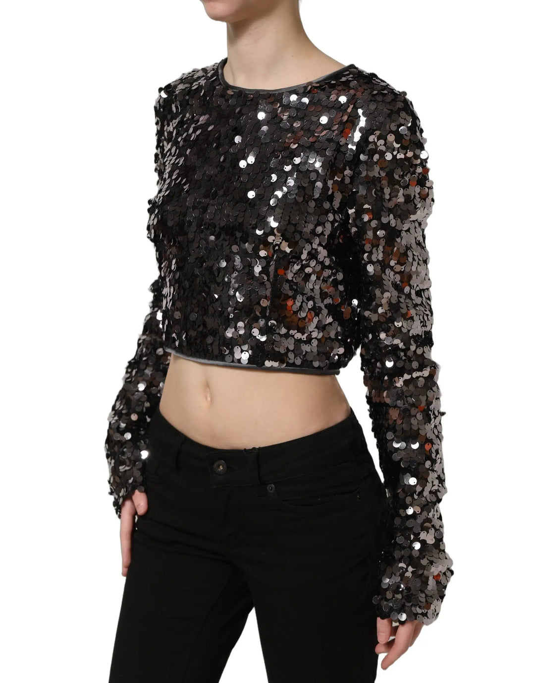 Dolce &amp; Gabbana Sample Sale | Dolce &amp; Gabbana Black Sequined Long Sleeves Crop Blouse Top - | Designer outlet