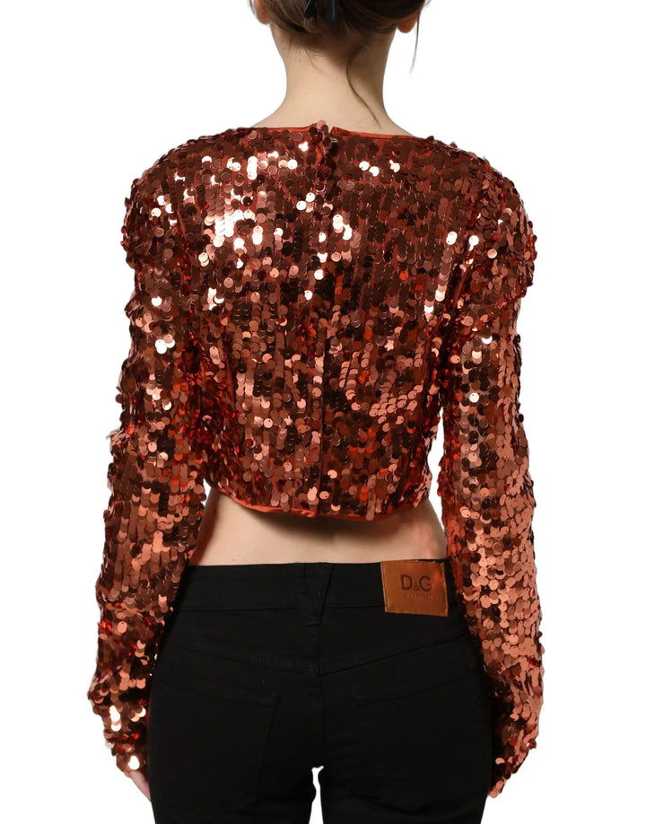 Dolce &amp; Gabbana Sample Sale | Dolce &amp; Gabbana Red Sequined Long Sleeves Crop Blouse Top - | Designer outlet