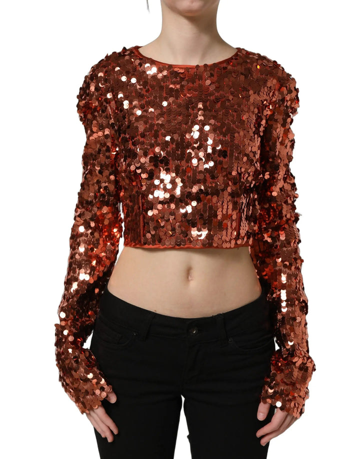 Dolce &amp; Gabbana Sample Sale | Dolce &amp; Gabbana Red Sequined Long Sleeves Crop Blouse Top - | Designer outlet