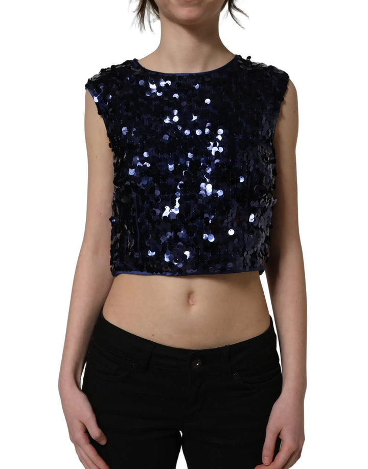 Dolce &amp; Gabbana Sample Sale | Dolce &amp; Gabbana Blue Sequined Sleeveless Cropped Tank Top - | Designer outlet