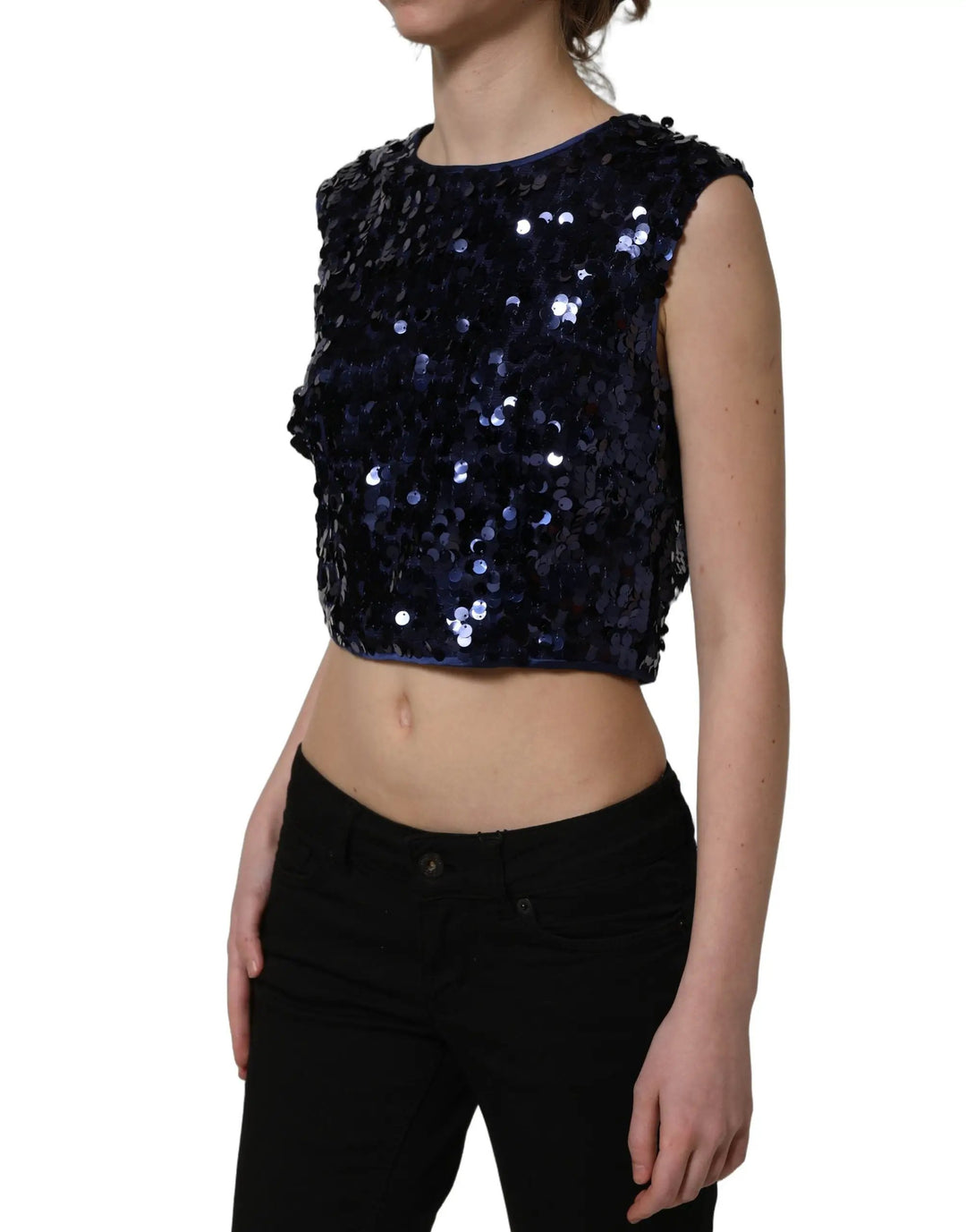 Dolce &amp; Gabbana Sample Sale | Dolce &amp; Gabbana Blue Sequined Sleeveless Cropped Tank Top - | Designer outlet